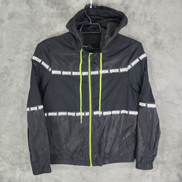 Womens Black Rue21 "Queen" Mesh Panel Hooded Jacket Full Zip Long Sleeve Size S - Picture 2 of 8